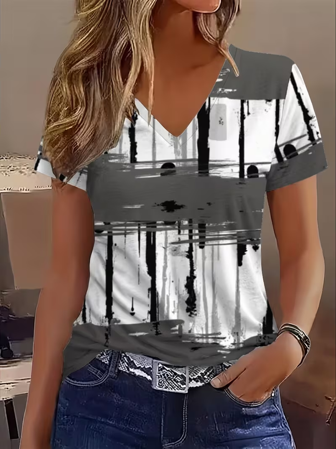 Women Abstract Vintage Short Sleeve Tee T-shirt V Neck Summer Printing Top-image-17093507
