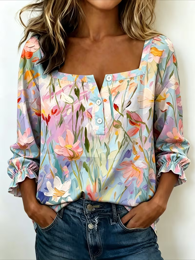 Women Floral Vintage Blouses Square Neck Printing Three Quarter Sleeve Spring/Fall Top-image-17094888