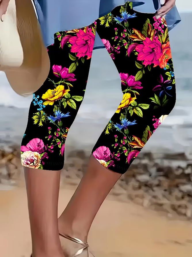 Women Floral Casual Capris Leggings Summer Pants-image-17095126
