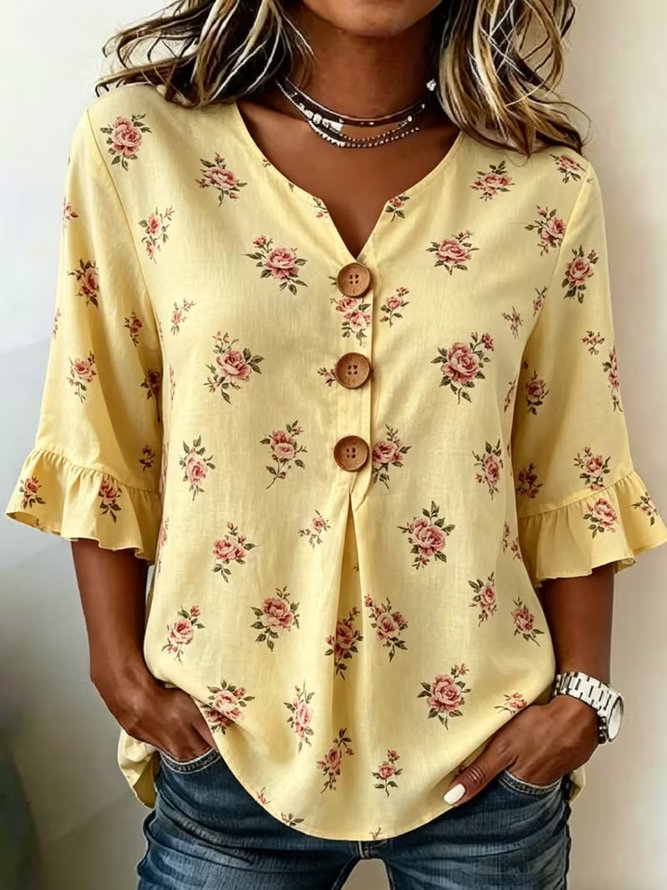 Women Floral Vintage Blouses V Neck Printing Half Sleeve Summer Top-image-17094766