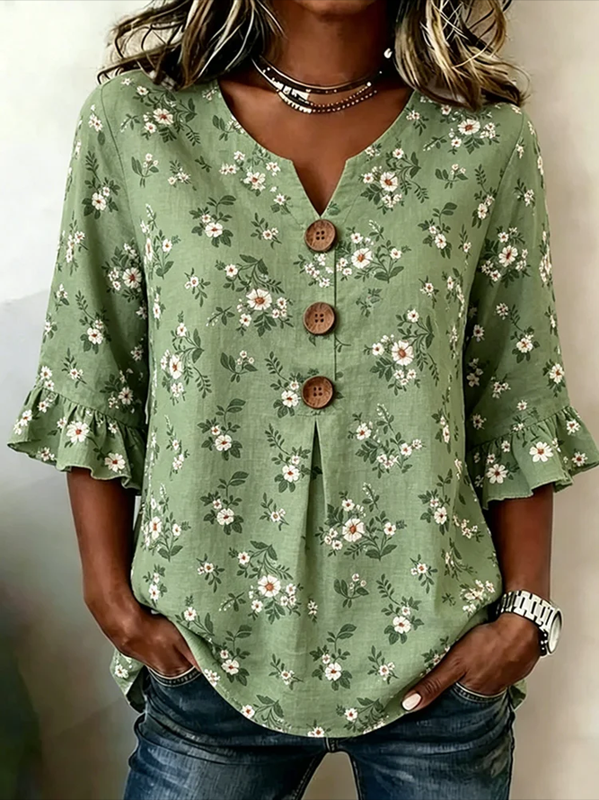 Women Floral Vintage Blouses V Neck Printing Half Sleeve Summer Top-image-17094802