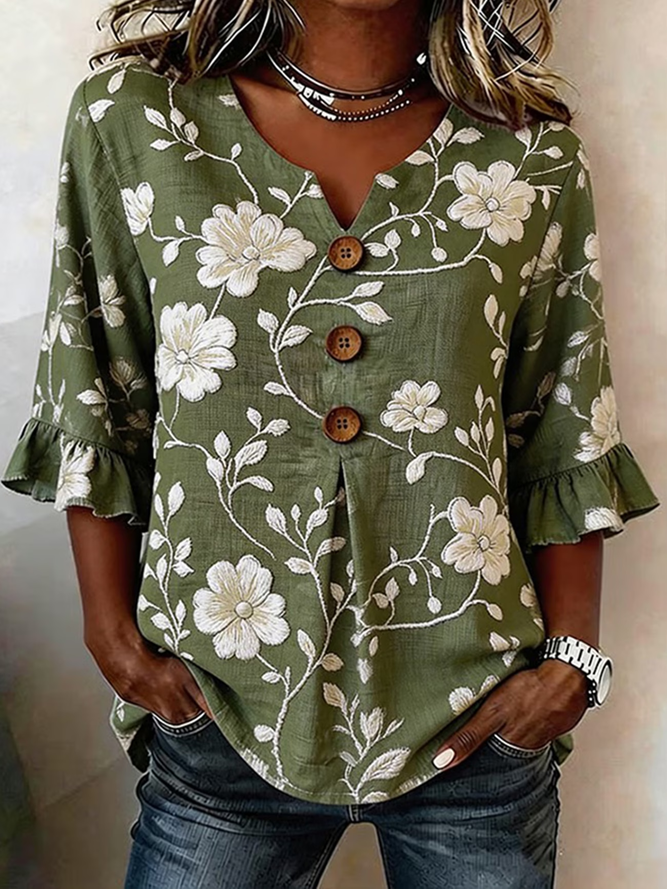 Women Floral Vintage Blouses V Neck Printing Half Sleeve Summer Top-image-17094742