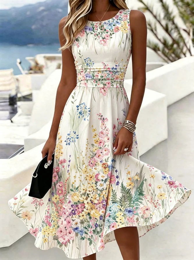 Women Floral A-Line Maxi Crew Neck Vacation Summer Daily Dress-image-17103301
