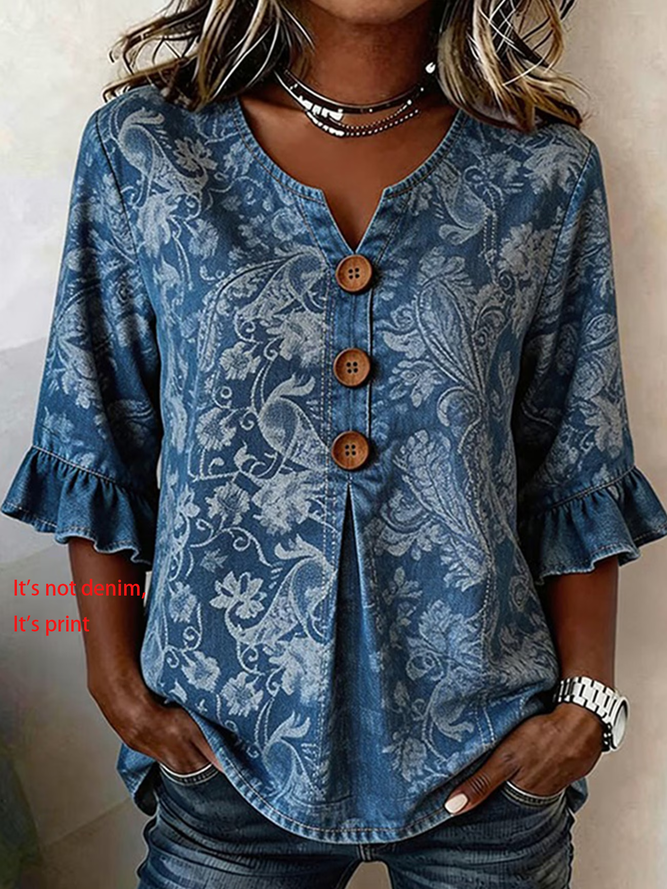 Women Floral Vintage Blouses V Neck Printing Half Sleeve Summer Top-image-17094826
