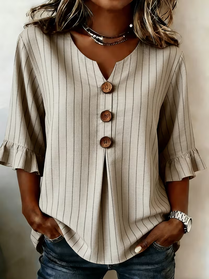 Women Striped Vintage Blouses V Neck Printing Half Sleeve Summer Top-image-17094790