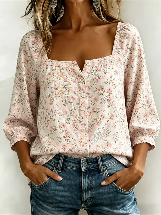 Women Floral Vintage Blouses Square Neck Printing Three Quarter Sleeve Spring/Fall Top-image-17094912