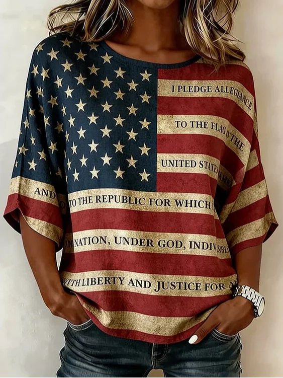 Women Independence Day (Flag) Vintage Blouses Crew Neck Printing Half Sleeve Summer Top-image-17094862