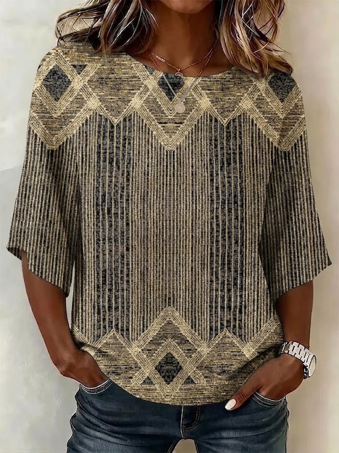 Women Abstract Vintage Blouses Crew Neck Printing Half Sleeve Summer Top-image-17094850