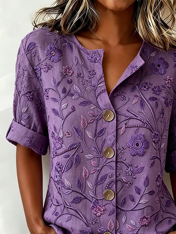Side view of Women Floral Casual Shirts V Neck Half Sleeve Summer Top