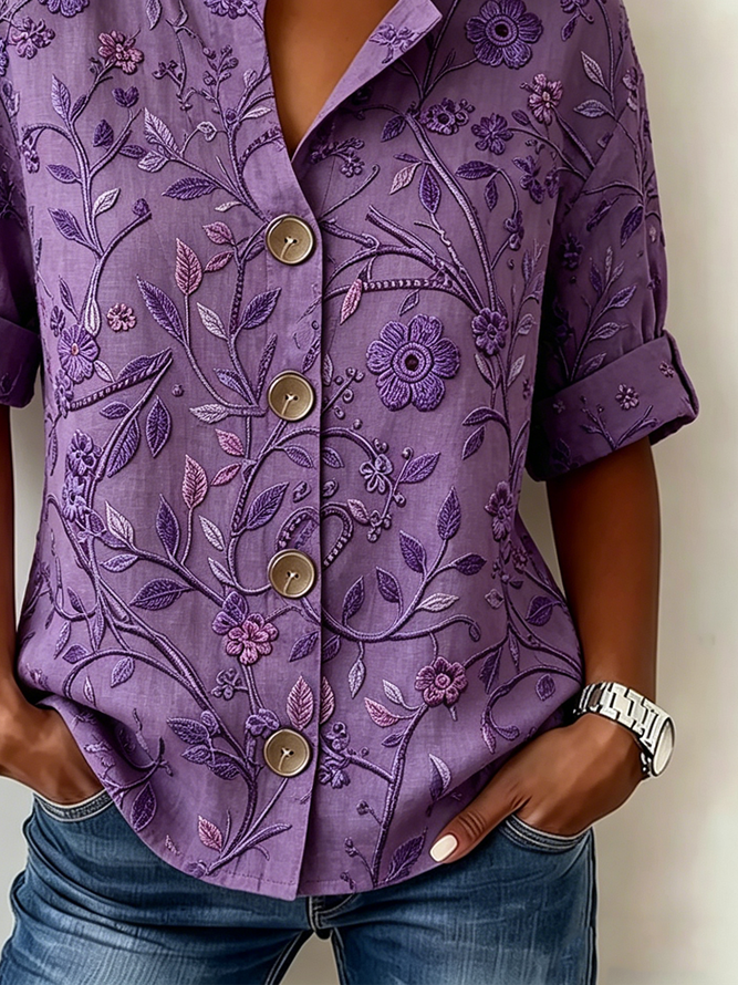 Side view of Women Floral Casual Shirts V Neck Half Sleeve Summer Top