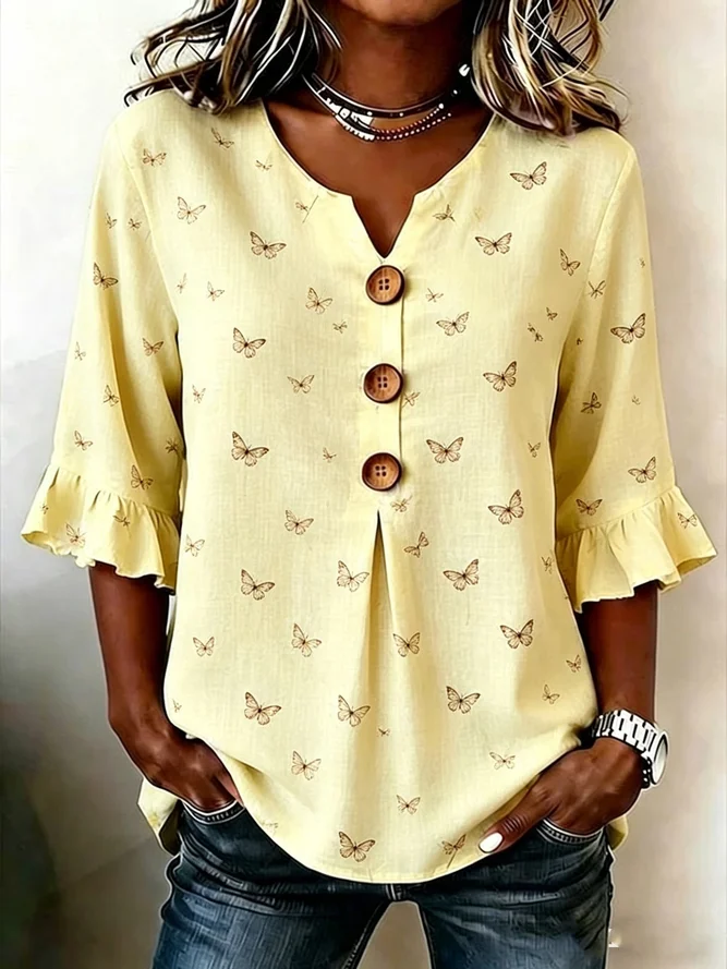 Women Butterfly Vintage Blouses V Neck Printing Half Sleeve Summer Top-image-17094778