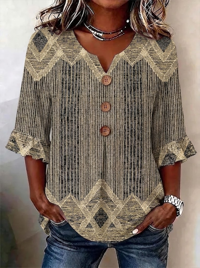 Women Abstract Vintage Blouses V Neck Printing Half Sleeve Summer Top-image-17094838