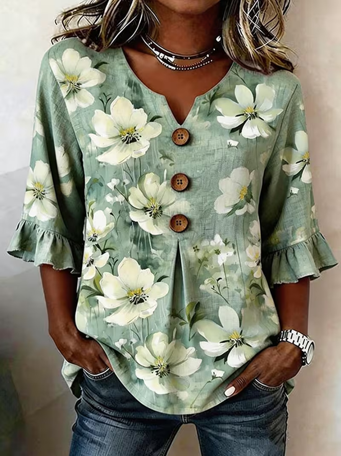 Women Floral Vintage Blouses V Neck Printing Half Sleeve Summer Top-image-17094754