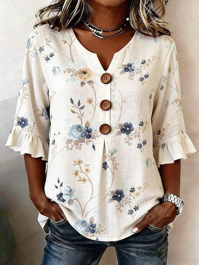 Women Floral Vintage Blouses V Neck Printing Half Sleeve Summer Top-image-17097820