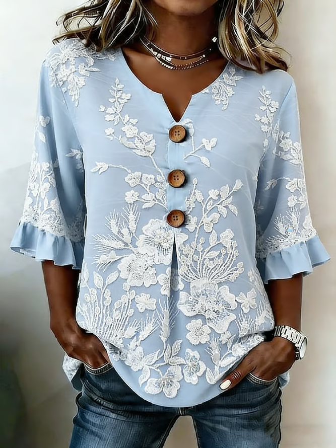 Women Floral Vintage Blouses V Neck Printing Half Sleeve Summer Top-image-17097832