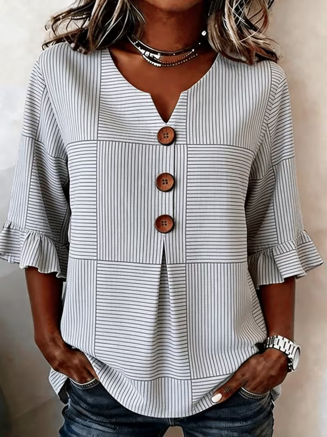 Women Striped Vintage Blouses V Neck Printing Half Sleeve Summer Top-image-17097856