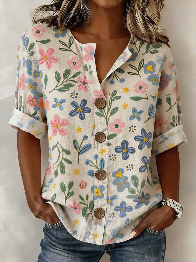 Women Floral Casual Shirts Stand Collar Buckle Long Sleeve Spring/Fall Top-image-17097963