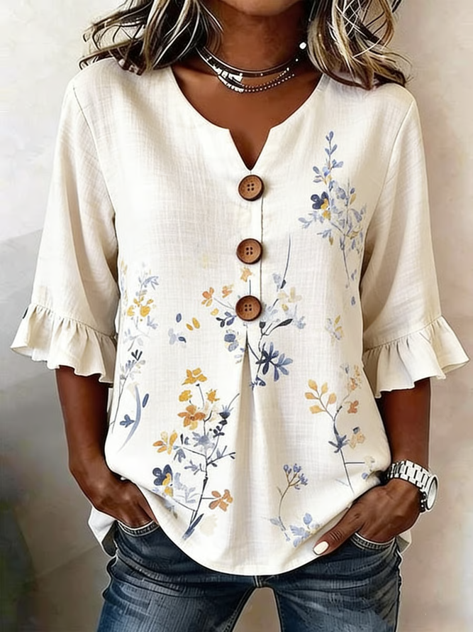 Women Floral Vintage Blouses V Neck Printing Half Sleeve Summer Top-image-17097844