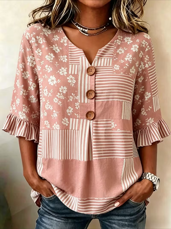 Women Striped Vintage Blouses V Neck Printing Half Sleeve Summer Top-image-17097868