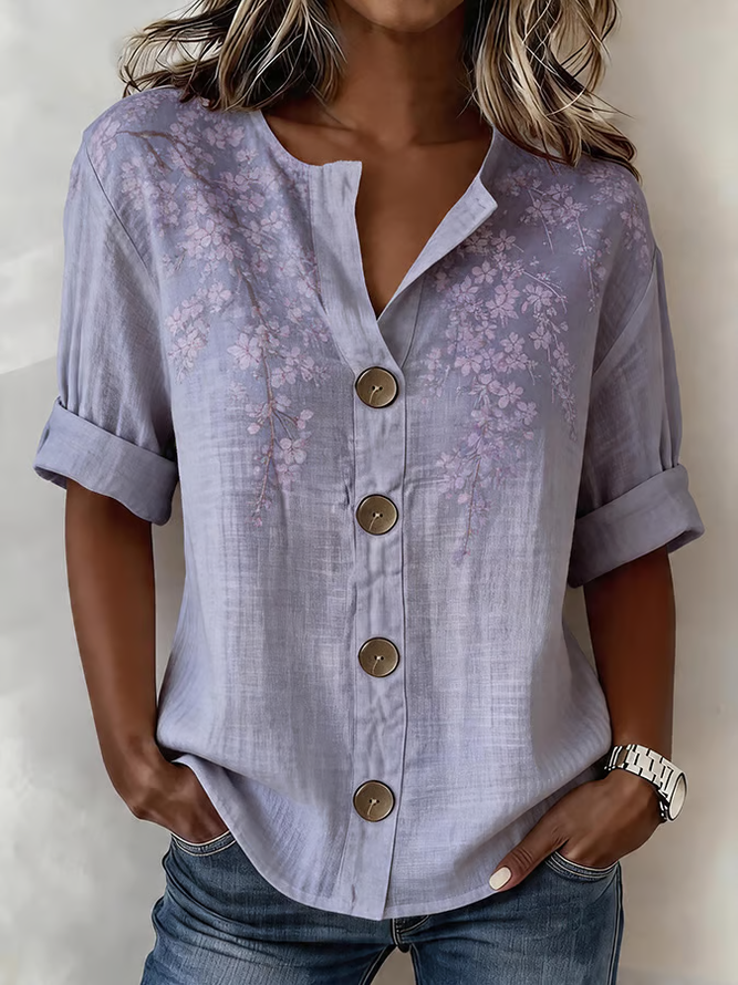 Women Floral Casual Shirts Stand Collar Buckle Long Sleeve Spring/Fall Top-image-17097951