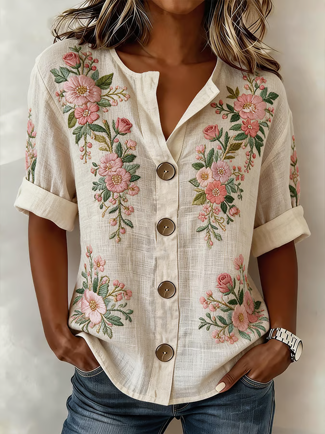 Women Floral Casual Shirts Stand Collar Buckle Long Sleeve Spring/Fall Top-image-17097939