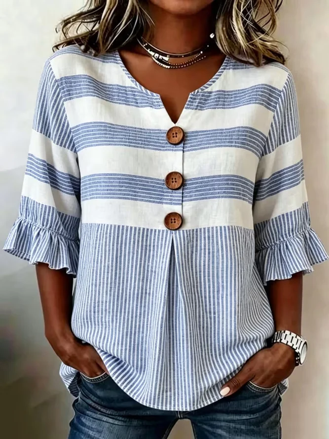 Women Striped Vintage Blouses V Neck Printing Half Sleeve Summer Top-image-17098570