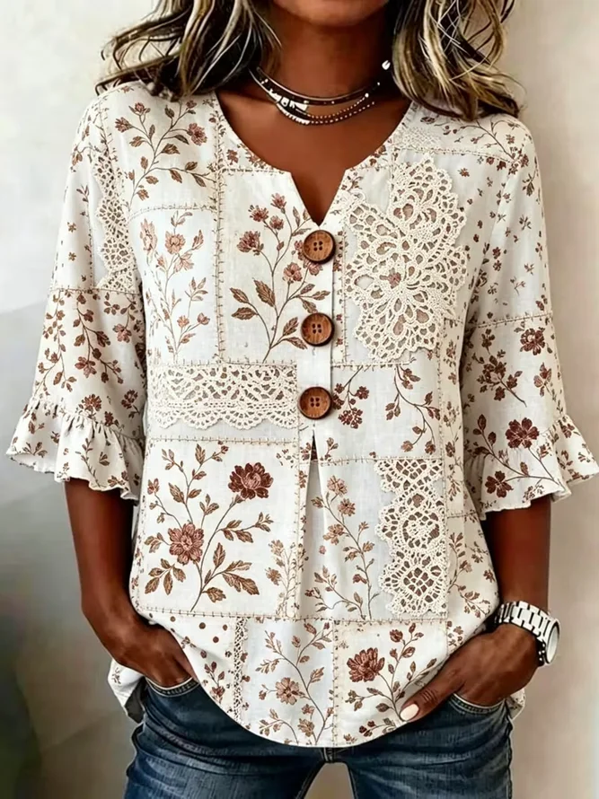 Women Floral Vintage Blouses V Neck Printing Half Sleeve Summer Top-image-17098582