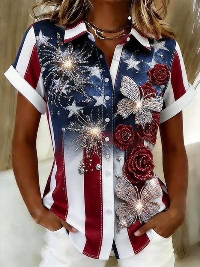 Women Floral Casual Shirts Shirt Collar Printing Button Up Shirt Short Sleeve Summer Top-image-17098705