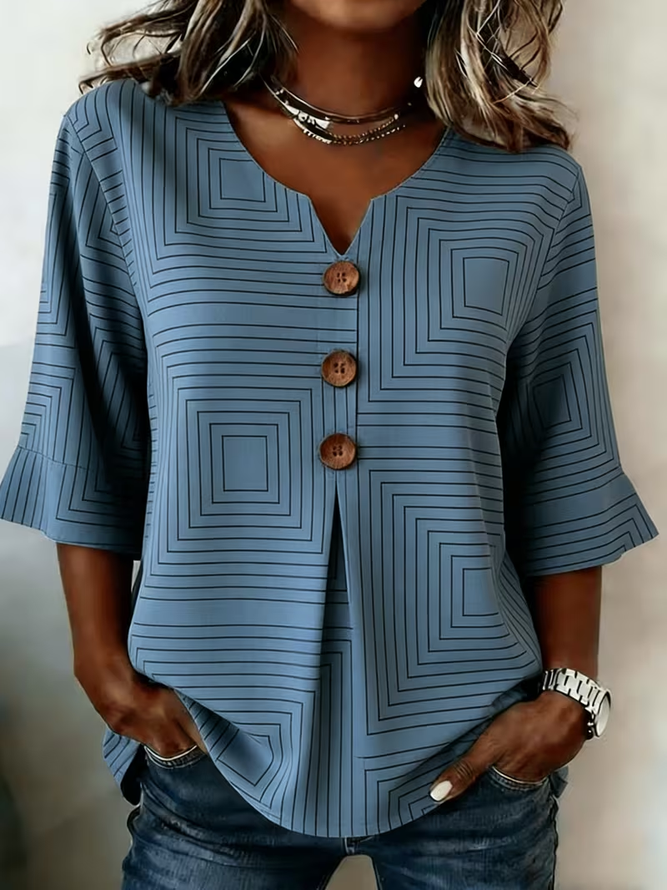 Women Striped Vintage Blouses V Neck Printing Half Sleeve Summer Top-image-17098606