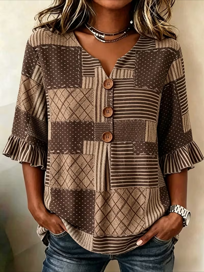 Women Striped Vintage Blouses V Neck Printing Half Sleeve Summer Top-image-17098594