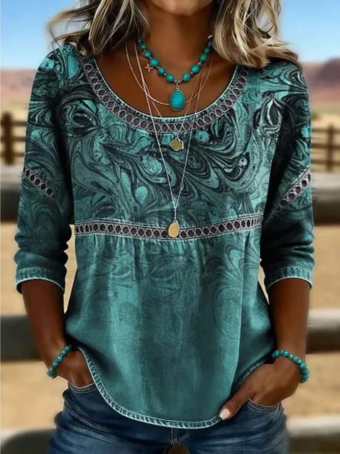Women Abstract Casual Blouses Crew Neck Printing Half Sleeve Summer Top-image-17099312