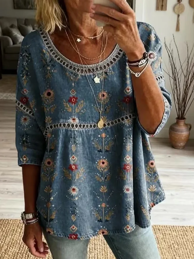 Women Floral Casual Blouses Crew Neck Printing Half Sleeve Summer Top-image-17099300