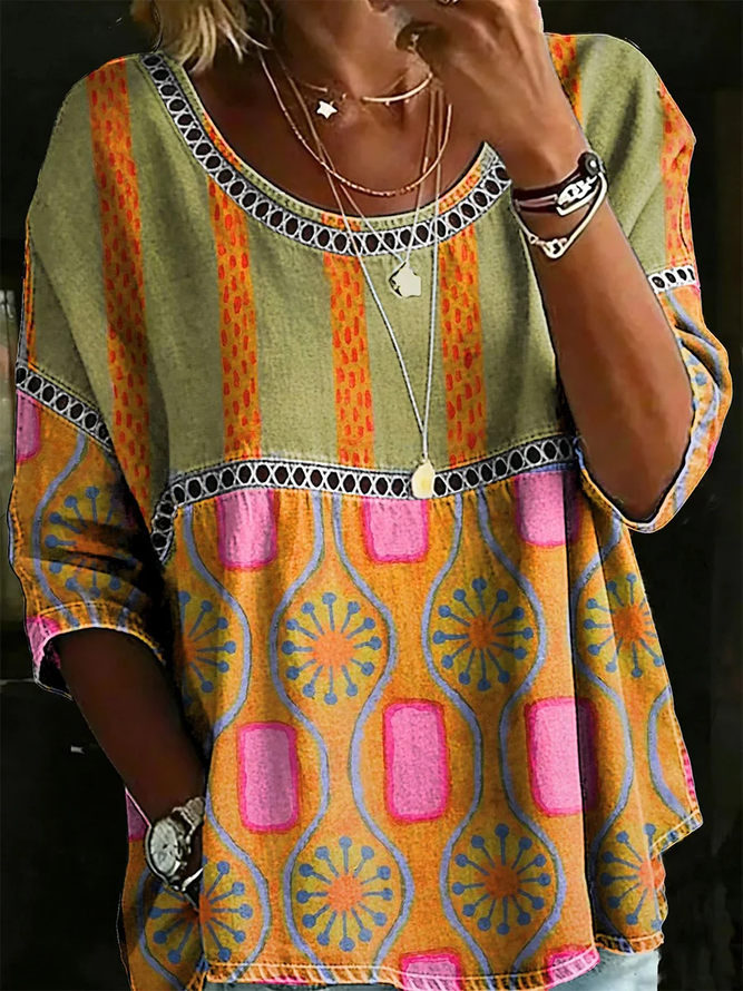 Women Abstract Casual Blouses Crew Neck Printing Half Sleeve Summer Top-image-17099336