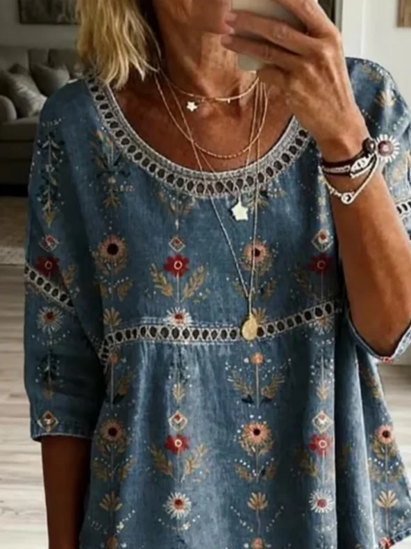 Side view of Women Floral Casual Blouses Crew Neck Printing Half Sleeve Summer Top
