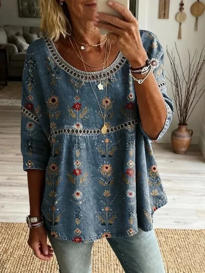 Side view of Women Floral Casual Blouses Crew Neck Printing Half Sleeve Summer Top