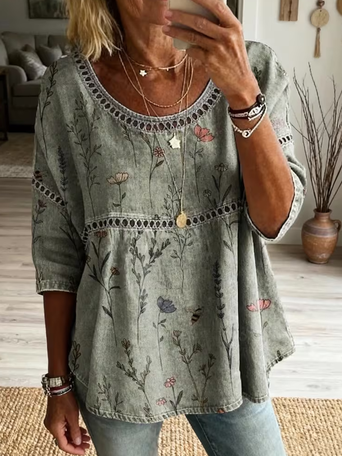 Women Floral Casual Blouses Crew Neck Printing Half Sleeve Summer Top-image-17099349