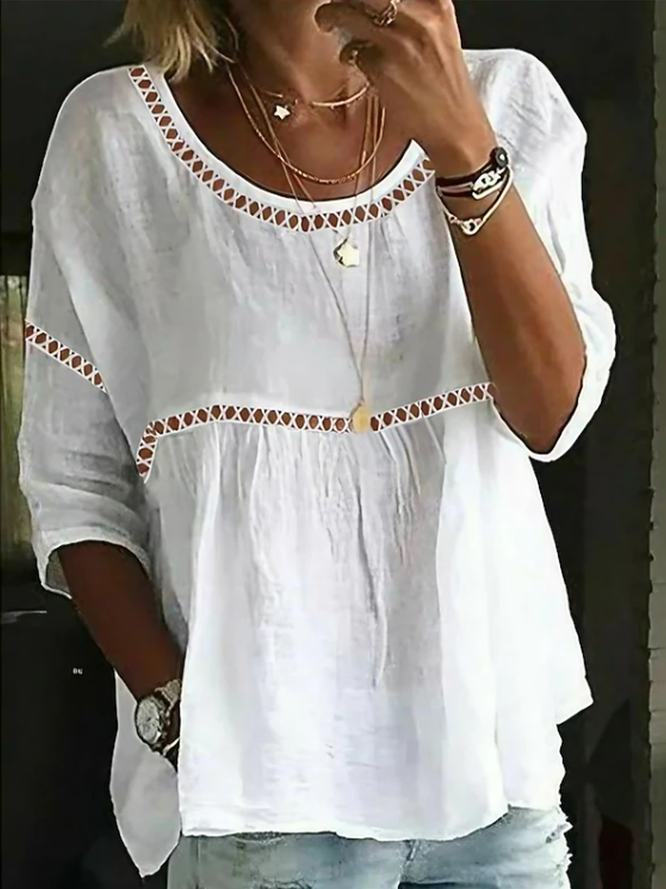 Women Plain Casual Blouses Crew Neck Hollow Out Half Sleeve Summer Top-image-17099288
