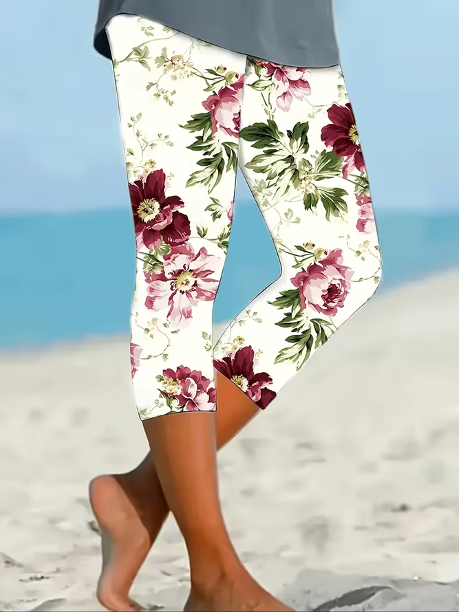 Women Floral Casual Capris Leggings Summer Pants-image-17100776