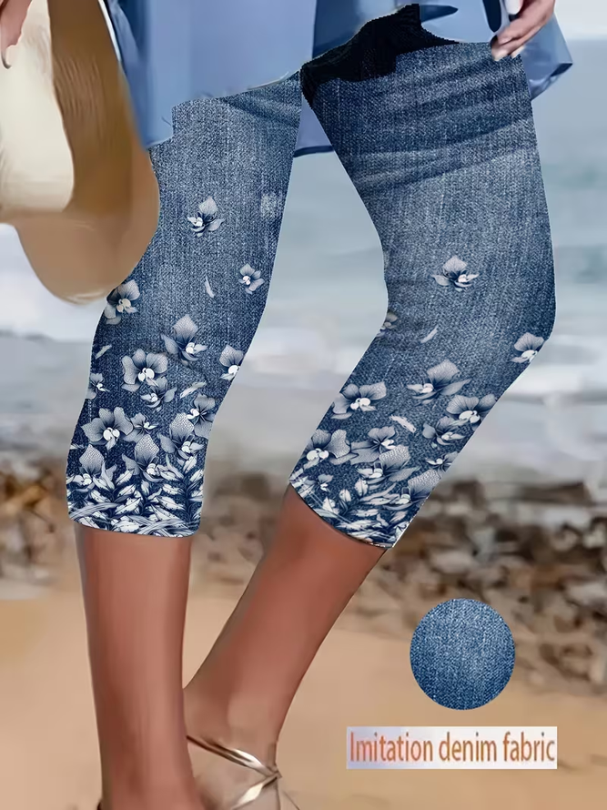 Women Floral Casual Capris Leggings Summer Pants-image-17100757