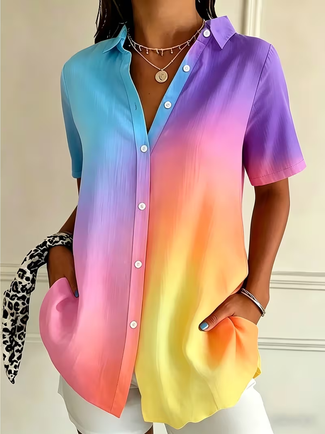 Women Ombre Casual Shirts Shirt Collar Printing Button Up Shirt Short Sleeve Summer Top-image-17100788