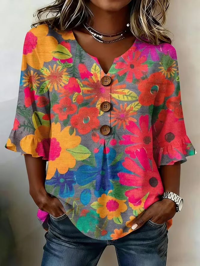 Women Floral Vintage Blouses V Neck Printing Half Sleeve Summer Top-image-17101166