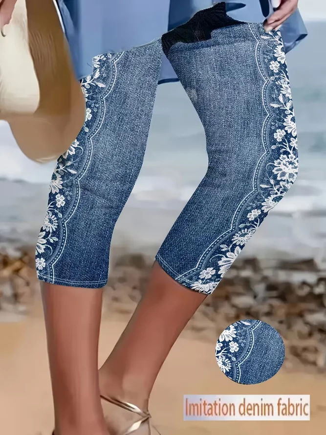 Women Floral Casual Capris Leggings Summer Pants-image-17100732
