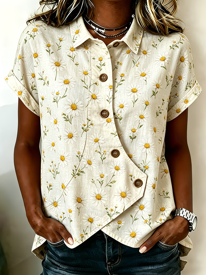 Women Floral Vintage Shirts Shawl Collar Printing Short Sleeve Summer Top-image-17101509