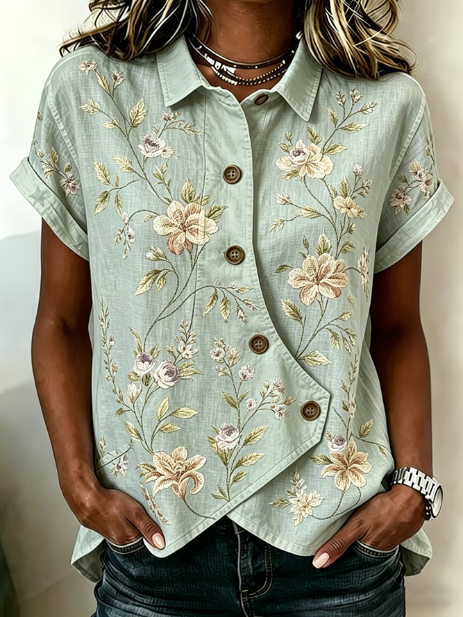 Women Floral Vintage Shirts Shawl Collar Printing Short Sleeve Summer Top-image-17101521