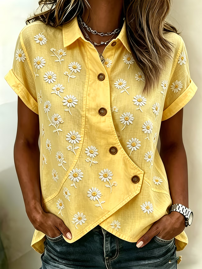 Women Floral Vintage Shirts Shawl Collar Printing Short Sleeve Summer Top-image-17101534