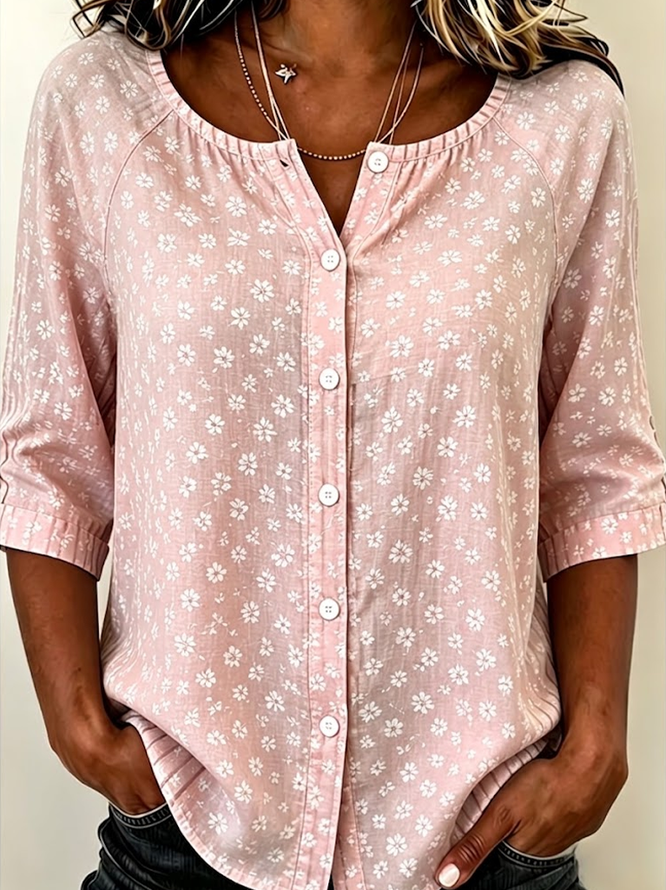 Women Floral Casual Shirts Crew Neck Printing Half Sleeve Summer Top-image-17101460