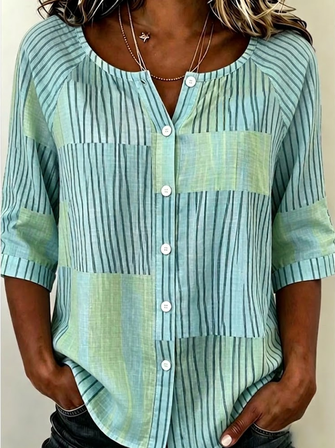Women Striped Casual Shirts Crew Neck Printing Half Sleeve Summer Top-image-17101484
