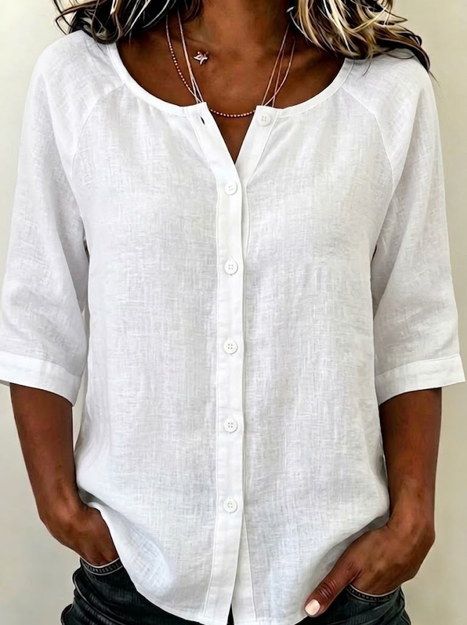 Women Plain Casual Shirts Crew Neck Buckle Half Sleeve Summer Top-image-17101496