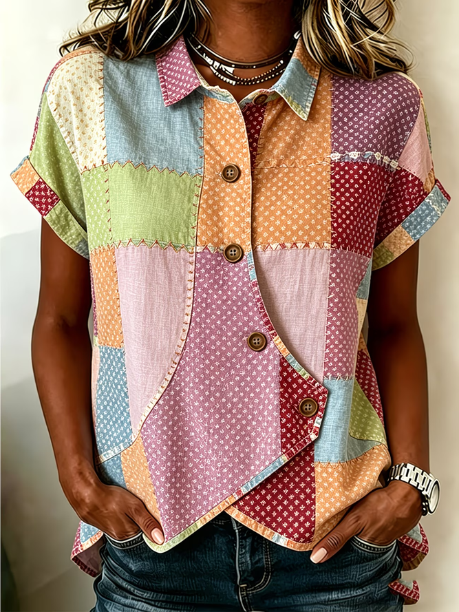 Women Abstract Vintage Shirts Shawl Collar Printing Short Sleeve Summer Top-image-17101558