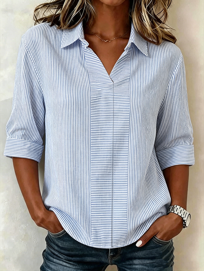 Women Striped Vintage Shirts Shawl Collar Half Sleeve Summer Top-image-17098371
